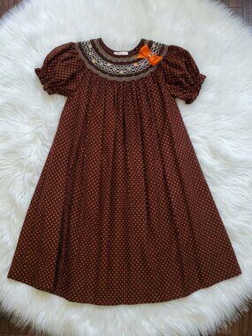 Rosalina Bishop Smocked Brown and Orange Polka Dot Dress Size 6